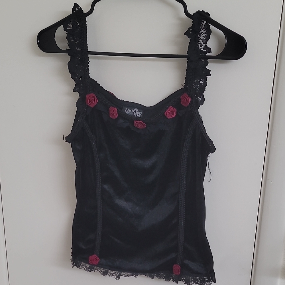 Sinister Black Camisole with Pink Rose Accents